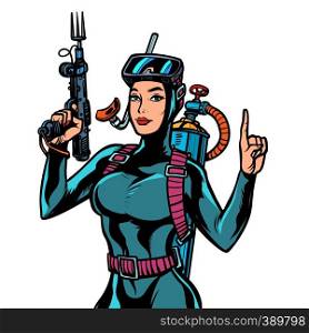 Female diver in wet suit, a gun for underwater fishing. Pop art retro vector illustration kitsch vintage. Female diver in wet suit, a gun for underwater fishing