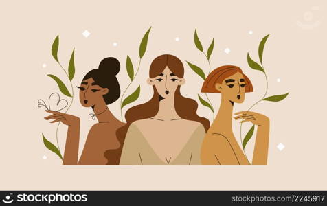 Female diverse faces of different ethnicity. Women empowerment. International womens day graphic in vector.. Female diverse faces of different ethnicity. Women empowerment. International womens day graphic in vector