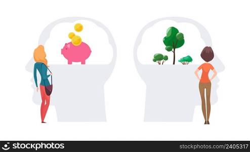 Female diverse priorities. Women choose money or development, calm mind and career growth. Blooming plant, thought about cash vector concept. Female making decision illustration. Female diverse priorities. Women choose money or development, calm mind and career growth. Blooming plant, thought about cash vector concept