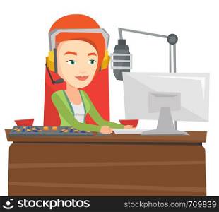 Female dj working in front of microphone, computer and mixing console on radio. Caucasian female dj in headset working on a radio station. Vector flat design illustration isolated on white background.. Female dj working on the radio vector illustration