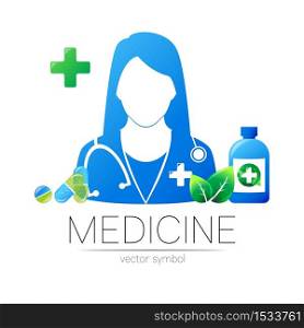 Female doctor and pill capsule with leaf, cross, bottle, tablet vector logotype. Medicine identity and concept. Logo for clinic, medical, pharmacy, business, health care. Silhouette in blue color.. Female doctor and pill capsule with leaf, cross, bottle, tablet vector logotype. Medicine identity and concept. Logo for clinic, medical, pharmacy, business, health care. Silhouette in blue color