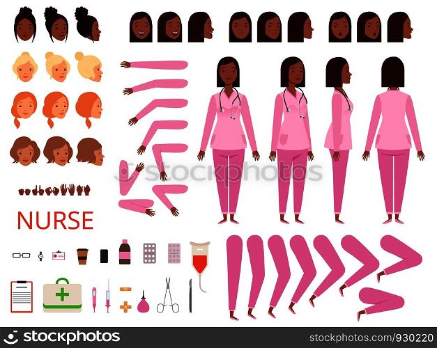 Female doctor animation. Nurse hospital character body parts and clothes healthcare mascot creation kit vector. Illustration of medical female animation, doctor and nurse. Female doctor animation. Nurse hospital character body parts and clothes healthcare mascot creation kit vector