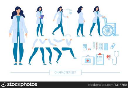 Female Doctor Character Constructor Trendy Flat Design Elements Set Isolated on White Background. Nurse in Various Poses, Body Parts Pack, Emotion Face Expressions Kit, Medical Equipment Illustrations