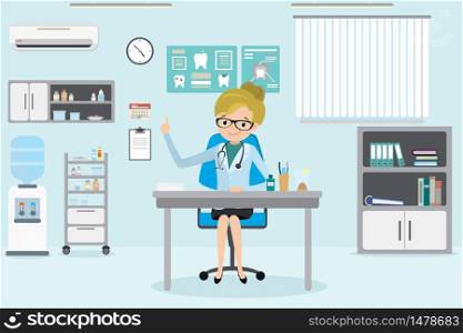 Female Doctor dentist in office room,medical furniture and equipment,flat vector illustration