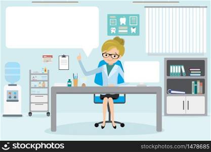 Female Doctor dentist in office room,medical furniture and equipment,white speech bubble-place for text,flat vector illustration