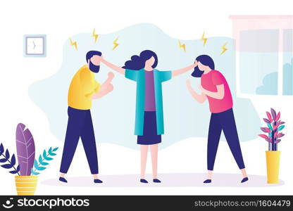 Female doctor does not let couple fight. Psychoanalysis, professional solves mental problems. Room interior. Family conflict. Unhappy couple at consultation with psychologist. Vector illustration