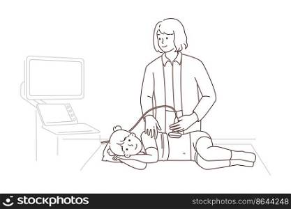 Female doctor doing ultrasound to girl child in hospital. Woman GP examine kid in clinic. Children checkup or examination. Vector illustration. . Female doctor do ultrasound of girl in clinic 