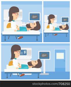 Female doctor examining internal organs of a male patient on the modern ultrasound equipment at medical office. Vector flat design Illustration. Square, horizontal, vertical layouts.. Patient during ultrasound examination.