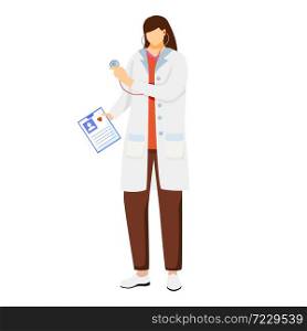 Female doctor flat vector illustration. General practitioner holding patient card. Therapist, physician with stethoscope ready for checkup. Medical worker. Doc, medic, cardiologist cartoon character. Female doctor flat vector illustration