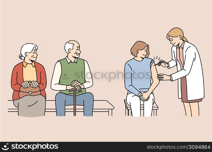 Female doctor give vaccine against covid-19 to patient in clinic. People of different ages come to vaccination from corona virus. Immunization to protect from coronavirus. Vector illustration. . Doctor give vaccine to people in clinic