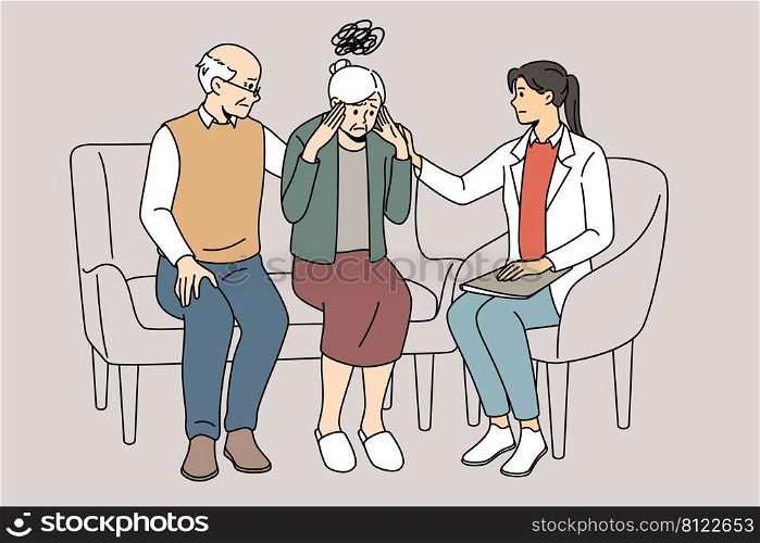 Female doctor helping elderly woman suffering from memory loss. Therapist talk with mature grandmother struggling with Alzheimer disease or dementia. Vector illustration. . Doctor helping senior woman with memory loss