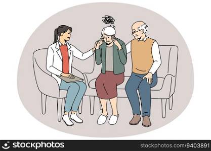 Female doctor helping elderly woman suffering from memory loss. Therapist talk with mature grandmother struggling with Alzheimer disease or dementia. Vector illustration.. Doctor helping senior woman with memory loss