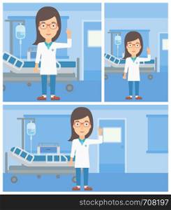 Female doctor in medical gown showing finger up while standing on the background of hospital ward. Vector flat design Illustration. Square, horizontal, vertical layouts.. Doctor showing finger up.