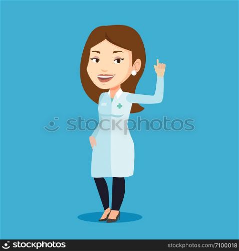 Female doctor in medical gown showing finger up. Young caucasian doctor with finger up. Woman in doctor uniform pointing finger up. Vector flat design illustration. Square layout.. Doctor showing finger up vector illustration.
