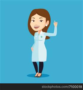 Female doctor in medical gown showing finger up. Young caucasian doctor with finger up. Woman in doctor uniform pointing finger up. Vector flat design illustration. Square layout.. Doctor showing finger up vector illustration.