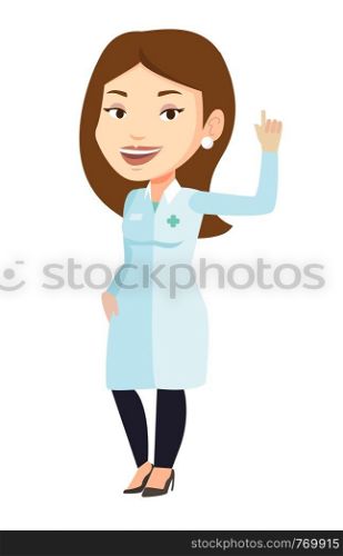 Female doctor in medical gown showing finger up. Young caucasian doctor with finger up. Woman in doctor uniform pointing finger up. Vector flat design illustration isolated on white background.. Doctor showing finger up vector illustration.