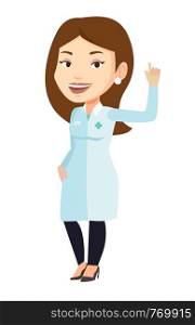 Female doctor in medical gown showing finger up. Young caucasian doctor with finger up. Woman in doctor uniform pointing finger up. Vector flat design illustration isolated on white background.. Doctor showing finger up vector illustration.