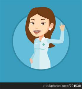 Female doctor in medical gown showing finger up. Young caucasian doctor with finger up. Woman in doctor uniform pointing finger up. Vector flat design illustration in the circle isolated on background. Doctor showing finger up vector illustration.