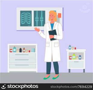 Female doctor in medical office holding blank clipboard. Health protection concept. Therapist woman or nurse in medical clothes in the hospital standing near x-rays of the bones of the trunk and legs. Cartoon female doctor in the medical office holding a blank clipboard. Health protection concept
