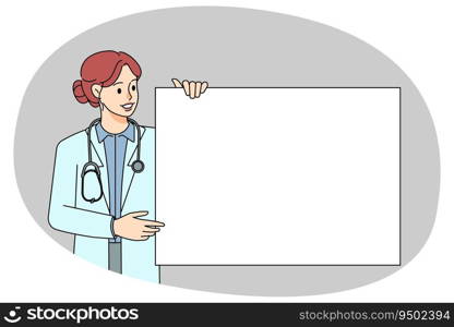 Female doctor in medical uniform holding banner with blank copy space. Smiling woman nurse show mockup placard or paper. Recommendation or advertising. Vector illustration.. Female doctor show mockup placard