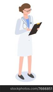 Female doctor isolated on white background. Practitioner examine and consult people about illnesses and prescribe treatment. Person in white uniform, medical gown. Vector illustration in flat. Doctor in Medical Gown with Stethoscope Isolated