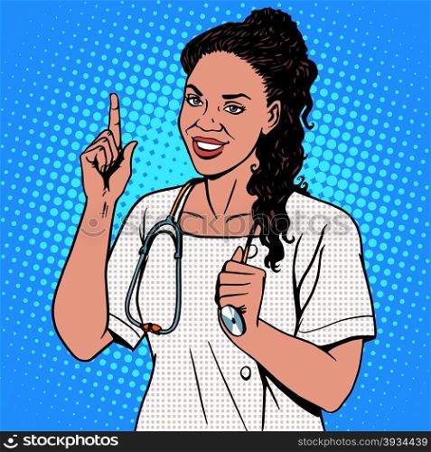 Female doctor of African. The adult doctor the therapist smiles. The profession of medicine and health pop art retro style. Female doctor of African