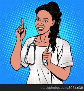 Female doctor of African. The adult doctor the therapist smiles. The profession of medicine and health pop art retro style. Female doctor of African