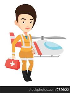 Female doctor of air ambulance. Doctor of air ambulance standing in front of rescue helicopter. Doctor of air ambulance with first aid box. Vector flat design illustration isolated on white background. Doctor of air ambulance vector illustration.