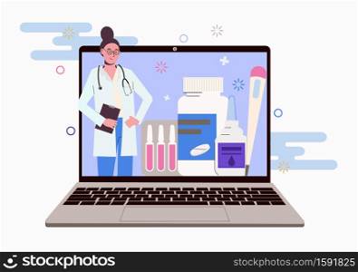 Female doctor on laptop screen. Online advice on quarantine treatment and medication. Flat illustration isolated on a white background. Web banner