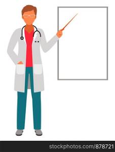 Female doctor or nurse presentation, woman dentist show on paper board flipchart vector illustration. Female doctor presentation