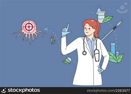 Female doctor or scientist explore cancer cell do research in laboratory. Woman medical specialist work with oncology diagnostic and treatment. Tumor biopsy and chemotherapy. Vector illustration.. Woman doctor oncologist analyze cancer cell
