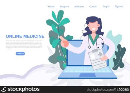 Female doctor profession pop up from laptop online medicine from anywhere. Health care and medical flat character vector illustration