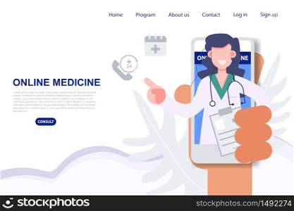 Female doctor profession pop up from mobile phone online medicine from anywhere. Health care and medical flat character vector illustration