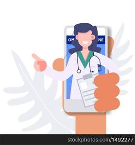 Female doctor profession pop up from mobile phone online medicine from anywhere. Health care and medical flat character vector illustration