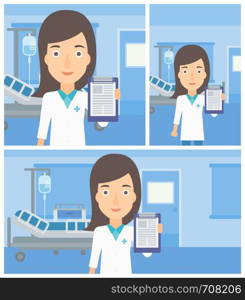 Female doctor showing clipboard with prescription while standing on the background of hospital room. Vector flat design Illustration. Square, horizontal, vertical layouts.. Doctor with clipboard and MRI machine.