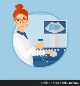 Female doctor sitting with ultrasound scanner in hands. Female doctor working on modern ultrasound equipment at medical office. Vector flat design illustration in the circle isolated on background.. Female ultrasound doctor.
