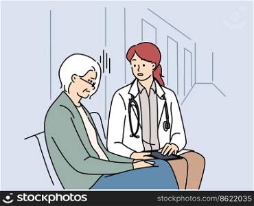 Female doctor talk with elderly grandmother at hospital. Woman nurse or GP consult help mature grandma patient in clinic. Healthcare and geriatrics. Vector illustration. . Female doctor talk with mature patient in clinic 