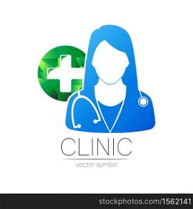 Female doctor with big cross in green circle vector logotype. Medicine identity and concept. Logo for clinic, medical, pharmacy, online chat, business, health care. Silhouette in blue gradient color.. Female doctor with big cross in green circle vector logotype. Medicine identity and concept. Logo for clinic, medical, pharmacy, online chat, business, health care. Silhouette in blue gradient color