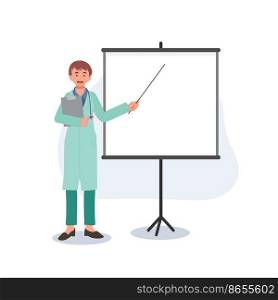 Female Doctor with clipboard giving medical presentation. Flat vector cartoon character illustration.