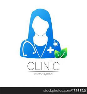 Female doctor with green leaves vector logotype. Medicine identity and concept. Logo for clinic, medical, pharmacy, online chat, business, health care. Silhouette in blue gradient color on white. Female doctor with green leaves vector logotype. Medicine identity and concept. Logo for clinic, medical, pharmacy, online chat, business, health care. Silhouette in blue gradient color on white.