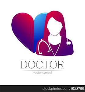 Female doctor with heart vector logotype. Medicine identity and concept. Logo for clinic, medical, pharmacy, online chat, business, cardiology and health care. Silhouette in violet gradient color.. Female doctor with heart vector logotype. Medicine identity and concept. Logo for clinic, medical, pharmacy, online chat, business, cardiology and health care. Silhouette in violet gradient color