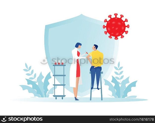 Female doctor with syringe makes vaccinations, Health vaccination doctor, immunization in clinic vector illustrator.