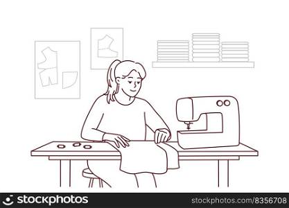 Female dressmaker or seamstress working on sewing machine in workshop. Smiling woman sewing sitting on table. Hobby and design. Vector illustration.. Female seamstress sewing on machine