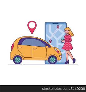 Female driver using car sharing service. Woman searching taxi or transport for rent with map location app. Vector illustration for transfer, transportation, urban, application concept