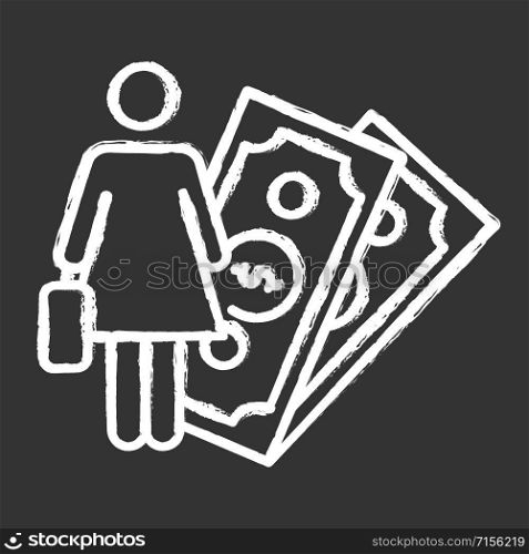 Female economic activity chalk icon. Woman rights, gender equality. Female finance career. Successful businesswoman. Capital, money, business. Feminism. Isolated vector chalkboard illustration