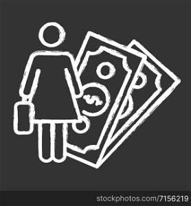 Female economic activity chalk icon. Woman rights, gender equality. Female finance career. Successful businesswoman. Capital, money, business. Feminism. Isolated vector chalkboard illustration