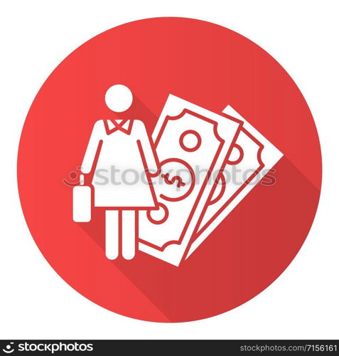Female economic red flat design long shadow glyph icon. Woman rights, gender equality. Female finance career. Successful businesswoman. Feminism, democracy. Vector silhouette illustration