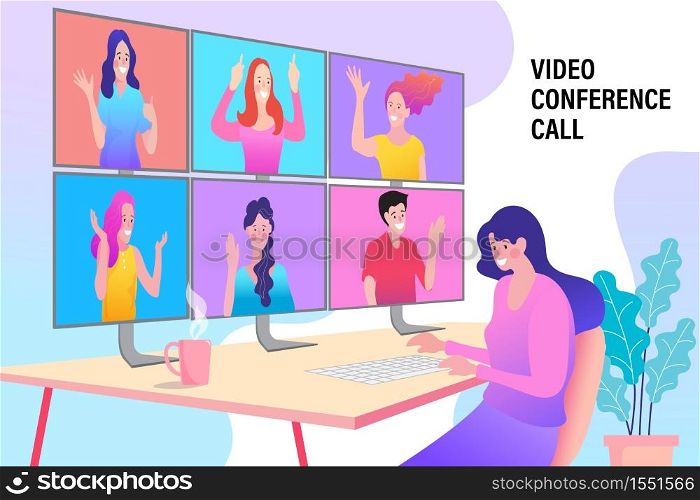 female employee talk on video call with multiracial coworkers engaged in online briefing from home. businesswoman speak using Webcam conference on laptop with diverse colleagues.