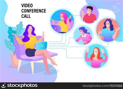 female employee talk on video call with multiracial coworkers engaged in online briefing from home. businesswoman speak using Webcam conference on laptop with diverse colleagues.