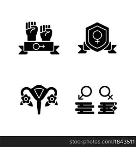 Female empowerment black glyph icons set on white space. Women community. Advancing gender equality. Feminist activist. Fight inequality in wages. Silhouette symbols. Vector isolated illustration. Female empowerment black glyph icons set on white space